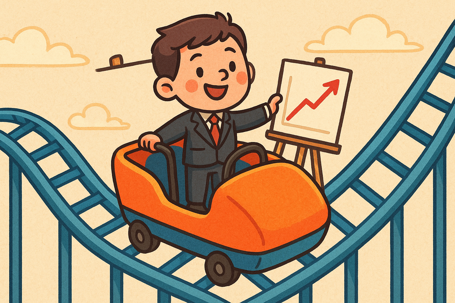 Our cartoon boy in his coaster car - in suit heading to an important presentation with flipchart! Image by DALLE and the authors.